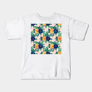 Pretty Blue Yellow floral and foliage pink Design Kids T-Shirt